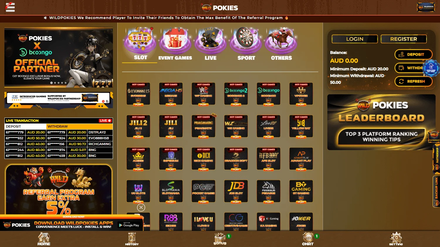 Wildpokies Casino home screen on desktop