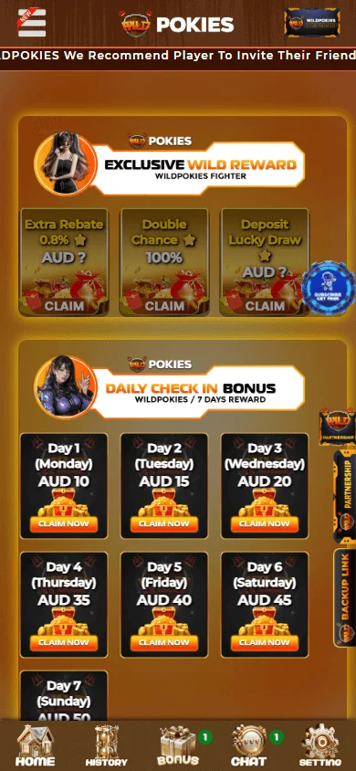 Wildpokies Casino promotions screen on a mobile device