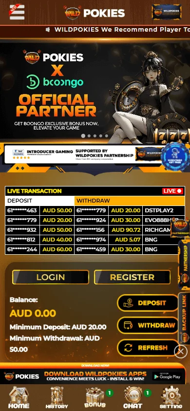Wildpokies Casino home screen on a mobile device